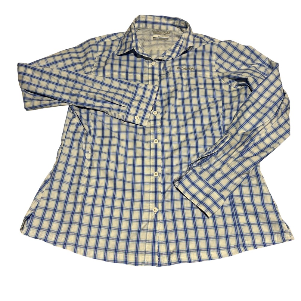 Columbia PFG Button Down Shirt Womens Large Blue Plaid Omni-Shade Hiking Vented